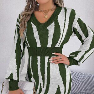 Animal Print V-Neck Long Sleeve Sweater Dress